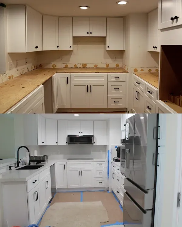 Before-and-after comparison of a kitchen remodel in Eugene Oregon — representative of Portland Oregon kitchen remodeling costs and scope