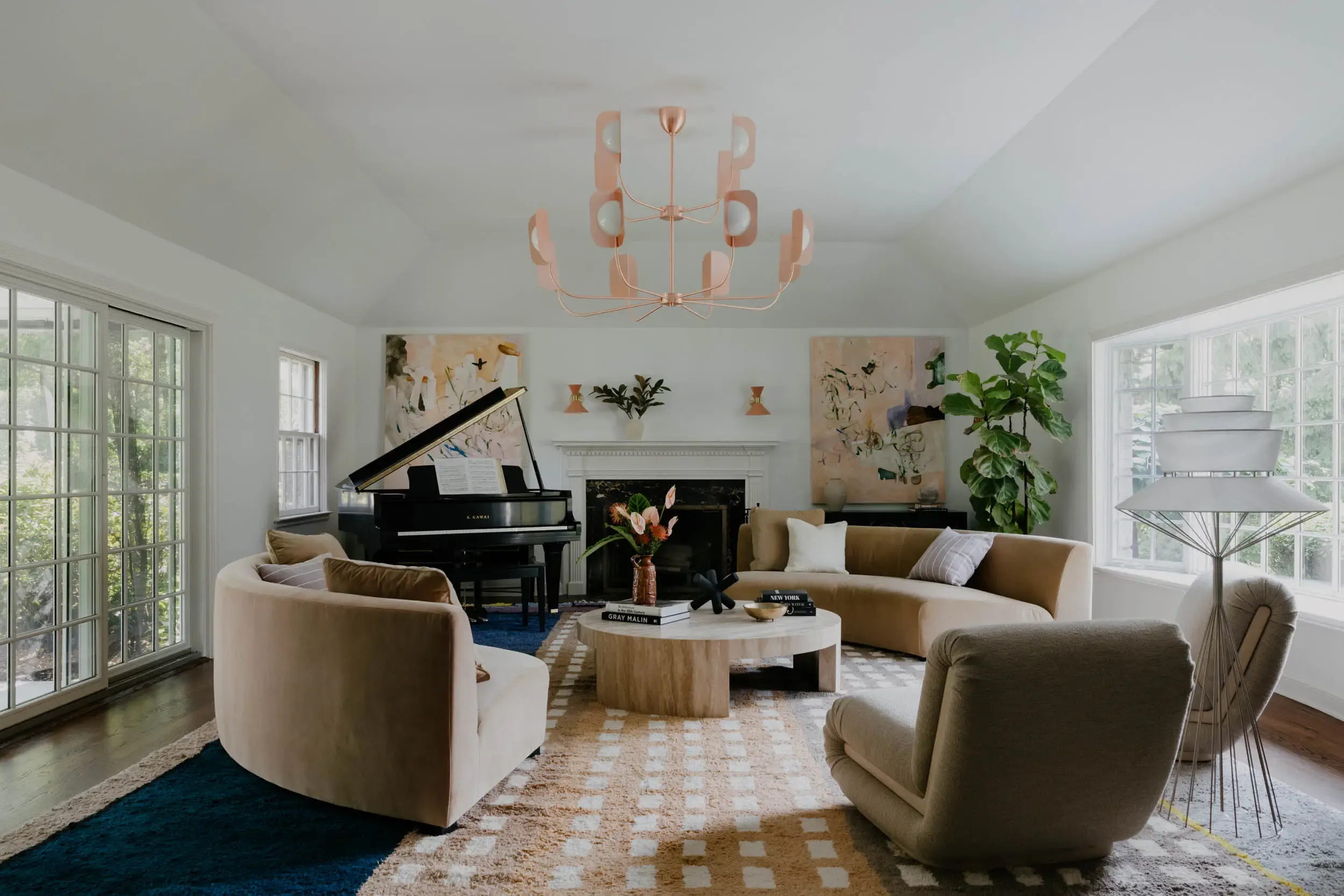 Tualatin OR formal living room remodel featuring grand piano, designer copper chandelier, refinished espresso oak hardwood flooring, custom plaster ceiling, and built-in window seats