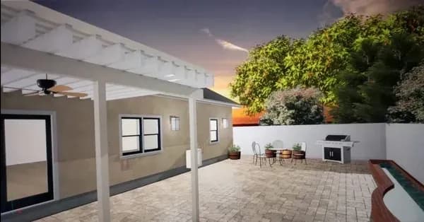 3D design rendering for Salem OR backyard outdoor living project featuring white cedar pergola, herringbone paver patio, built-in outdoor grill kitchen, and raised hot tub surround